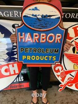 Antique Vintage Old Style Flange Sign Harbor Petroleum Made USA