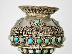 Antique Vintage Old Tibetan Tibet Silver Turquoise Coral Snuff Bottle
