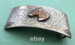 Antique Vintage Old Western Sterling Silver & 10K Gold Horse Trophy Belt Buckle