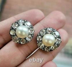 Antique Vintage Style Pearl & Old European Cut Halo Stud Earrings Wedding Jewel