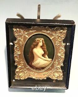 Antique Vintage Victorian Miniature Portrait Redhead Nude Beaty Gilt Frame Old