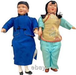 Antique/Vtg Old Man And Woman Chinese Doll Set Rare 12 inch Extra Silk Clothing