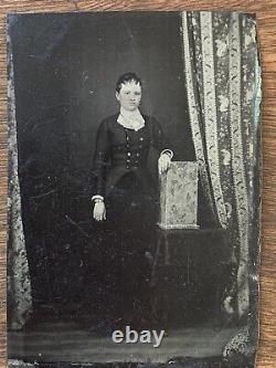 Antique Well Dressed Young Maine Woman Tin Type Ferrotype Old Photo Tinted