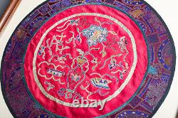 Antique vintage Old Chinese Frame Silk Embroidery Gold Thread Round