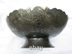 Antique vintage old fruit bowl made of brass & silver coated with art work desig