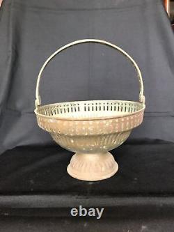 Antique vintage old pooja flower fruit basket bowl hand made brass with handle