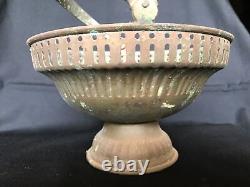 Antique vintage old pooja flower fruit basket bowl hand made brass with handle