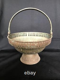 Antique vintage old pooja flower fruit basket bowl hand made brass with handle