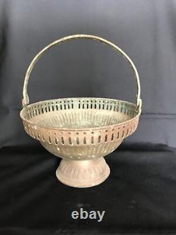 Antique vintage old pooja flower fruit basket bowl hand made brass with handle