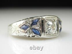 Art Deco Diamond Engagement Ring Old European Sapphire Antique 18K White Gold