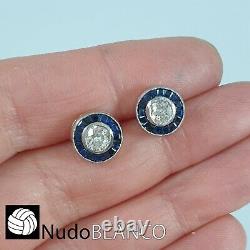 Art Deco Round Earrings With Sapphires And Old Cut Diamonds 18k Gold Screw Stud