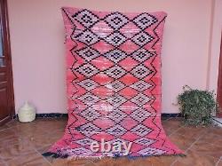 Authentic Vintage Moroccan Handmade Rug 4ft8x7ft4 Old Boujaad Geometric Pink Rug