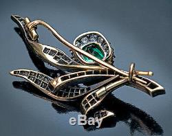 Belle Epoque Antique Russian Emerald Old Cut Diamond Gold Flower Brooch Pin