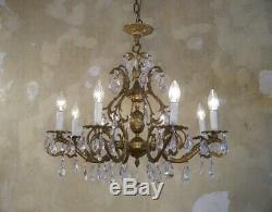 Brass crystal chandelier fixtures ceiling lamp 8 light lustre used old vintage