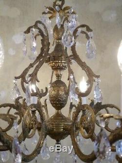 Brass crystal chandelier fixtures ceiling lamp 8 light lustre used old vintage