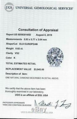 CERTIFIED K VS2 0.82ct VINTAGE DIAMOND ENGAGEMENT RING OLD EUROPEAN CUT ANTIQUE