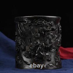 Chinese Antique Vintage Old Ebony Wood Carving Figure Brush Pot Office Supplies