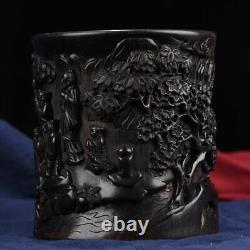 Chinese Antique Vintage Old Ebony Wood Carving Figure Brush Pot Office Supplies