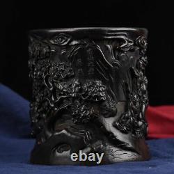 Chinese Antique Vintage Old Ebony Wood Carving Figure Brush Pot Office Supplies