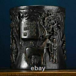 Chinese Antique Vintage Old Ebony Wood Carving Figure-story Brush Pot Nice Art