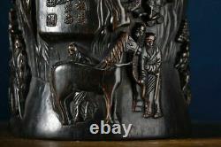 Chinese Antique Vintage Old Ebony Wood Carving Figure-story Brush Pot Nice Art