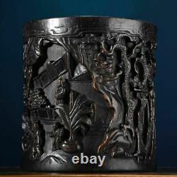 Chinese Antique Vintage Old Ebony Wood Carving Figure-story Brush Pot Nice Art