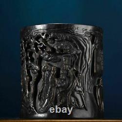 Chinese Antique Vintage Old Ebony Wood Carving Figure-story Brush Pot Nice Art