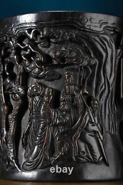 Chinese Antique Vintage Old Ebony Wood Carving Figure-story Brush Pot Nice Art