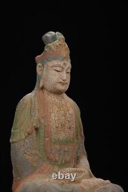 Chinese Antique Vintage Old Wood Carving Kwan-yin Statue Painted Sculpture Art