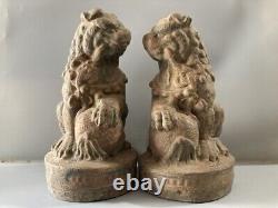 Chinese Antique Vintage Old Wood Carving Lion Statues A Pair Decor Sculpture Art