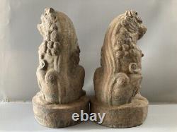 Chinese Antique Vintage Old Wood Carving Lion Statues A Pair Decor Sculpture Art