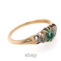 Circa 1900 14K Rose Gold Ring SZ 6 w Oval Emerald & Old Mine Cut Diamonds, 1.8g