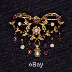 Edwardian Old Cut Diamond Burma Ruby Pearl Pin Pendant Vintage Antique Necklace