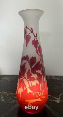 Emile Gallé Vase Decorated Dicentras Art Nouveau Pink Multi Layer Glass Old 19th
