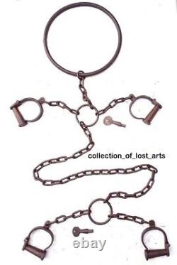 Handcrafted Vintage Old Antique Iron Rare Neck, Leg & Hand Handcuffs