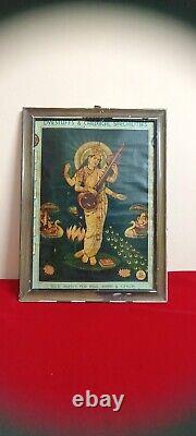 Hindu Religious Goddess Saraswati Antique Vintage Old Print Frame Wall Decor E69