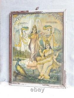Hindu Temple Goddess Saraswati Lakshmi Antique Vintage Old Original Print A75