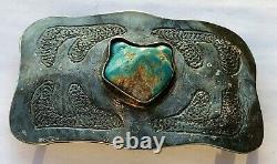 Huge Old Antique Vintage Navajo Coin Silver & Turquoise Belt Buckle Dead Pawn