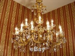 Huge Rare 18 Light Crystal Chandelier Brass Vintage Lamp Old Antique Large