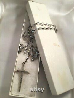 Italian Antique Vintage Old AB Glass Crystal Rosary Beads Silver Cross Saints