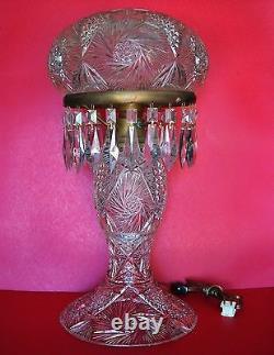LARGE OLD American Brilliant Crystal Hand Cut Glass Table Lamp with Brass Fittings