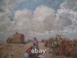 Large Vintage Antique Impressionist Painting Landscape Old Farm Workers Wpa Era