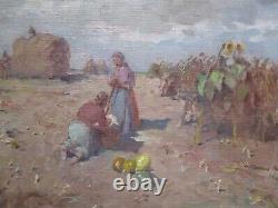 Large Vintage Antique Impressionist Painting Landscape Old Farm Workers Wpa Era