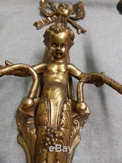 Large Vtg Sconce Pair Gold Gilded Cherubs Old French Wall Light Fixture 460-16