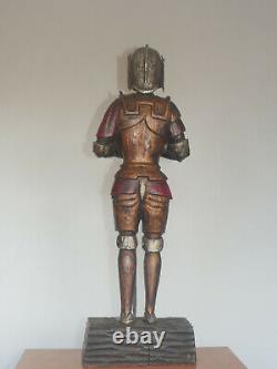 Large old vintage antique wooden polychrome painted wood statue medieval knight