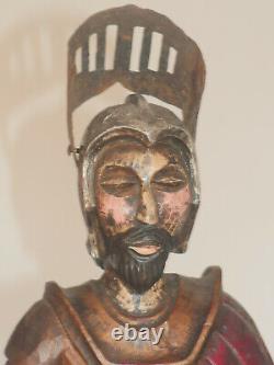 Large old vintage antique wooden polychrome painted wood statue medieval knight