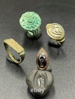 Lot Antique Vintage Old Ancient Sasanian Jewelry Bronze Intaglio Signet Rings