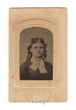 Old Antique Tintype Photo Pretty Young Brown Eyed Lady Teen Girl with Curly Hair