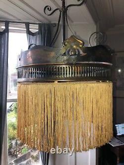 Old Antique Vintage Arts & Crafts Edwardian Brass Fringed Ceiling Pendant Light