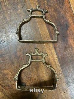 Old Vintage Rare Hand Carved Brass Horse Paddle Stirrup / Foot Rest Pair